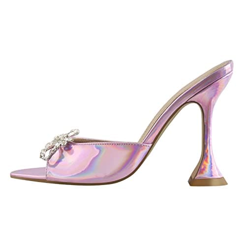 Richealnana Women's Pointed Toe Bow-knot Rhinestone Slip-On Mule Sandals — Pink