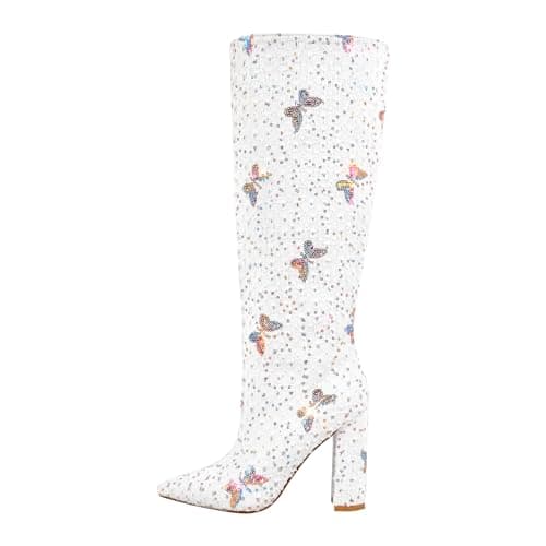 Richealnana Women's Knee High Snake Print Boots — White