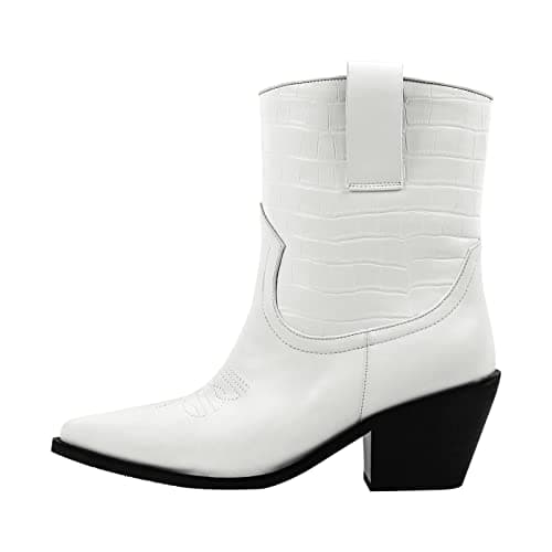 Richealnana Women's Embroidered Cowboy Boots — White-short
