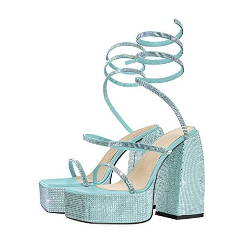 Richealnana Women's Platform Chunky Block Heel Rhinestone Strap Sandals — Blue