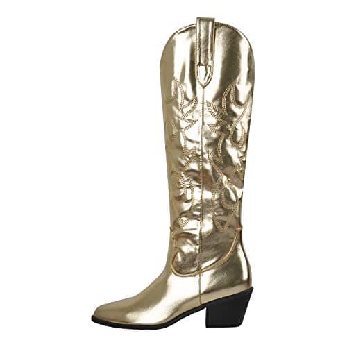 Richealnana Women's Embroidered Cowboy Boots with Chunky Heels — Gold