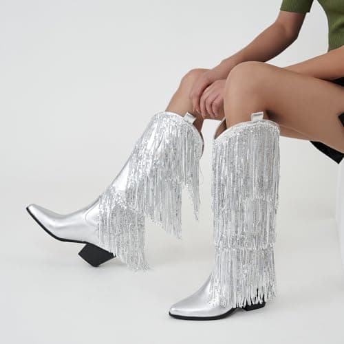 Metallic Cowgirl Sparkly Sequin Knee High Boots for Women