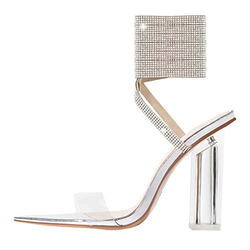 Women's Clear Block Heel Lace Up Rhinestones Sandals — Silver