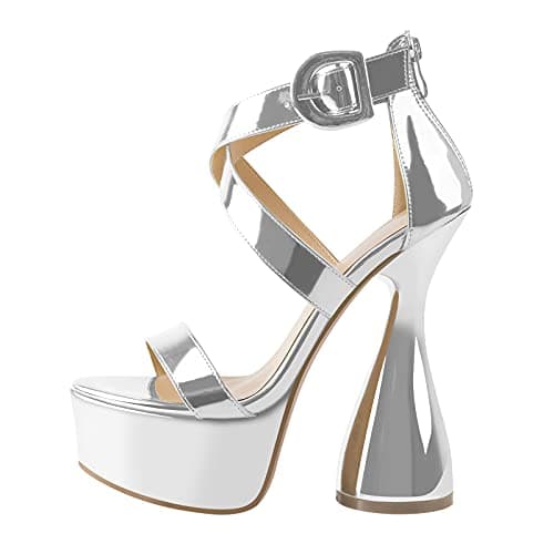 Women's Platform Crisscross Ankle Buckle Stilettos Sandals — Silver-b