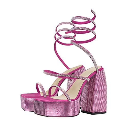 Richealnana Women's Platform Chunky Block Heel Rhinestone Strap Sandals — Pink