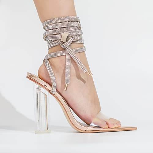 Women's Clear Block Heel Lace Up Rhinestones Sandals
