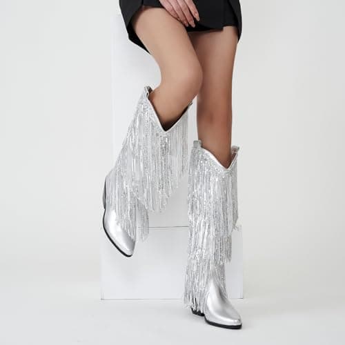 Metallic Cowgirl Sparkly Sequin Knee High Boots for Women