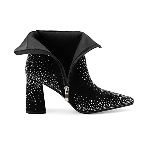 Perisis Women's Sparkly Rhinestone Block Heel Ankle Boots