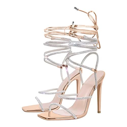 Rhinestones Square Toe Lace Up Strappy Sandals for Women — Gold