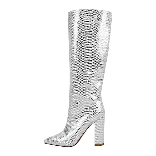 Richealnana Women's Knee High Snake Print Boots — Silver