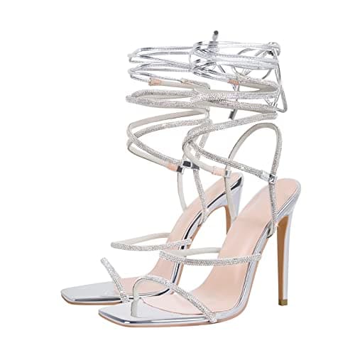Rhinestones Square Toe Lace Up Strappy Sandals for Women
