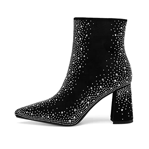 Perisis Women's Sparkly Rhinestone Block Heel Ankle Boots