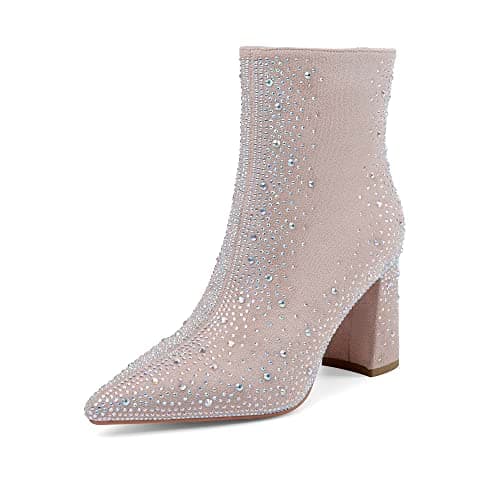 Perisis Women's Sparkly Rhinestone Block Heel Ankle Boots — Nude
