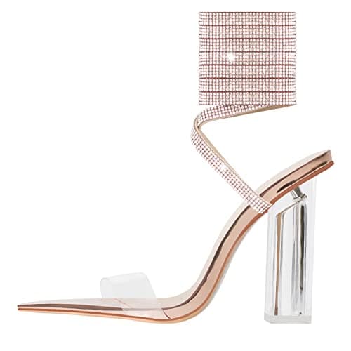 Women's Clear Block Heel Lace Up Rhinestones Sandals
