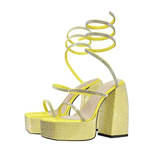 Richealnana Women's Platform Chunky Block Heel Rhinestone Strap Sandals — Yellow