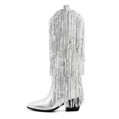 Metallic Cowgirl Sparkly Sequin Knee High Boots for Women