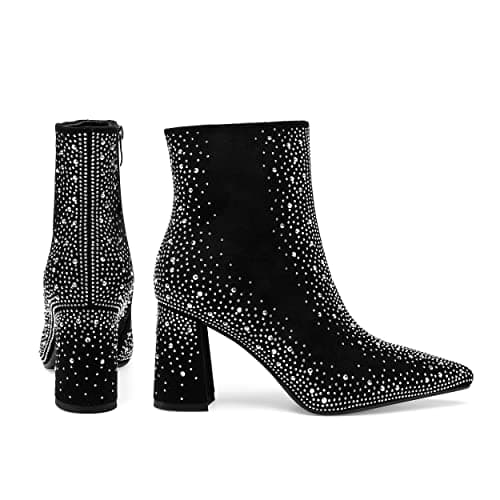 Perisis Women's Sparkly Rhinestone Block Heel Ankle Boots