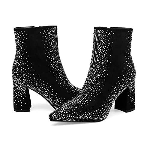 Perisis Women's Sparkly Rhinestone Block Heel Ankle Boots